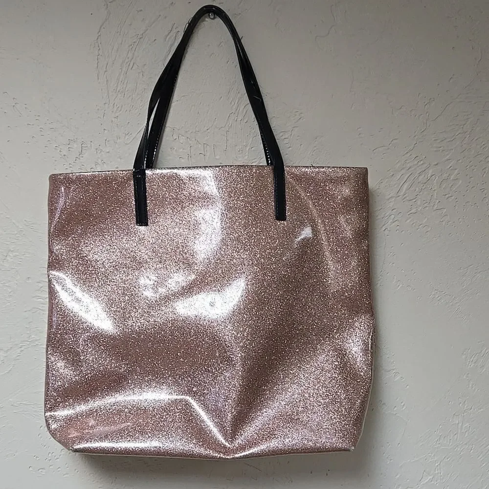 KATE SPADE NewYork/Rose Colored Glittered Tote with Black Handles and Accent